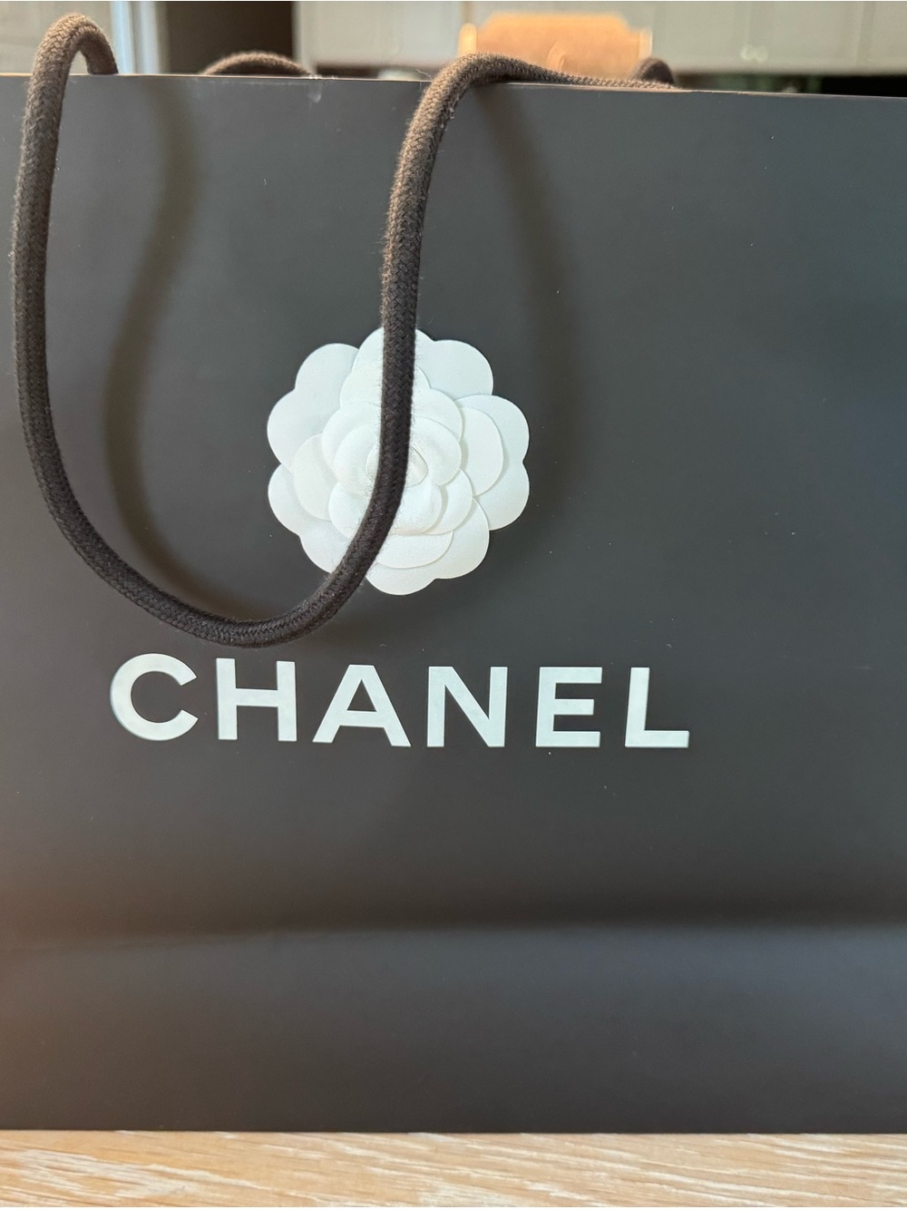 CHANEL Black Shopping Bag with White Camellia Logo